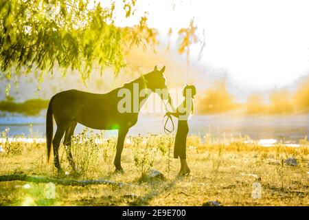 Ein Mädchen steht vor einem Pferd auf dem Ufer eines Sees und ist mit warmen Sonnenstrahlen überflutet Bei Sonnenuntergang Stockfoto