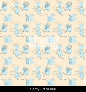 Nahtloses Muster mit Umriss botanischen Kritzeleien und hellblauen Formen Auf beigem Hintergrund Stock Vektor