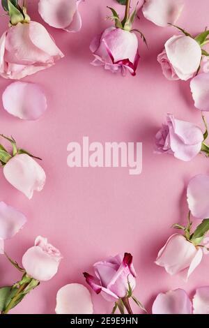 Rosa Blüten Rahmen auf rosa Hintergrund. Ansicht von oben. Kopieren Sie Platz. Stockfoto