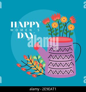 Happy Womens Tag Lettering Karte mit Blumen Garten in Sprinkler vektorgrafik Design Stock Vektor