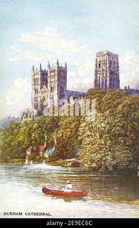 Eine farbige Postkarte der Kathedrale von Durham aus dem Jahr 1920s. Stockfoto