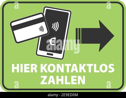 sign with Text HERE KONTAKTLOS ZAHLEN, deutsch für kontaktloses Bezahlen hier, Vektordarstellung mit Smartphone und Kreditkarte Stock Vektor