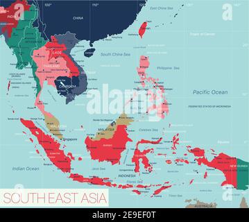 Region Südostasien Detaillierte bearbeitbare Karte mit Ländern Städte und Städte. Vector EPS-10-Datei Stock Vektor