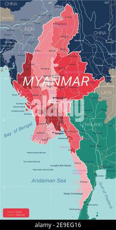 Myanmar Land detaillierte editierbare Karte mit Regionen Städte und Städte, Straßen und Eisenbahnen, geografische Standorte. Vector EPS-10-Datei Stock Vektor