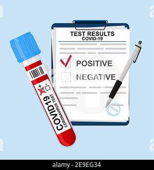 Formular mit Testergebnissen für Coronavirus aus einem medizinischen Labor. Diagnose von Coronavirus durch Blut aus einem Reagenzglas. Covid-19 Testergebnisse. Stock Vektor