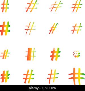 Hashtag-Zeichen. Nummernzeichen, Rautenzeichen. Sammlung von 16 Farbsymbolen isoliert auf einem transparenten Hintergrund Stock Vektor