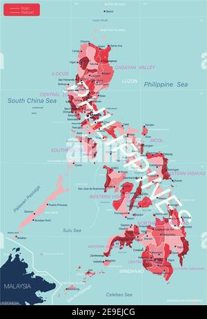 Philippinen Detaillierte editierbare Karte mit Regionen Städte und Städte, Straßen und Eisenbahnen, geografische Standorte. Vector EPS-10-Datei Stock Vektor