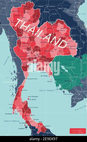 Thailand Land detaillierte editierbare Karte mit Regionen Städte und Städte, Straßen und Eisenbahnen, geografische Standorte. Vector EPS-10-Datei Stock Vektor