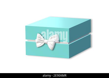 Geschenkbox, präsent Seitenansicht auf weißem Hintergrund. Türkisblaues Feld, Platz für Text. Valentines, love Design, im Verkauf, Überraschung, Geschenk, Geburtstag, Hochzeit, Stockfoto