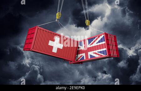 Handelsabkommen zwischen Großbritannien und der Schweiz. Zusammenprallen von Frachtcontainern. 3D Rendern Stockfoto