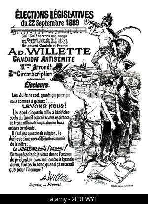 1889 Paris gesetzgebendes Wahlplakat für Antisemitismus-Parteianwärter Adolphe Willette aus dem Jahr 1893 Band 1, das Studio eine illustrierte Zeitschrift von Fin Stockfoto