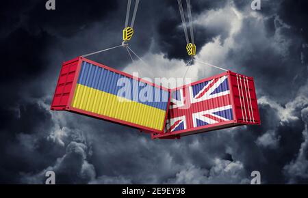 Handelsabkommen zwischen Großbritannien und der Ukraine. Zusammenprallen von Frachtcontainern. 3D Rendern Stockfoto