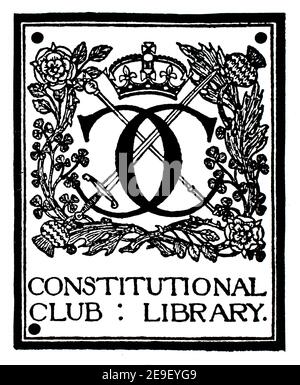 Constitutional Club Library, Exlibricate line Illustration von Herbert P Horne, 1893 Band 1 des Studios an Illustrated Magazine of Fine and Applie Stockfoto