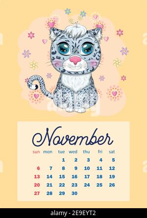 Kalender 2022 mit niedlichen Papptieren für jeden Monat. Tiger, Schneeleopard, roter Panda, Katze, Nilpferd, Eule, Löwe, Hase, Fuchs, Hamster, Kuh. Vertikal ca. Stock Vektor