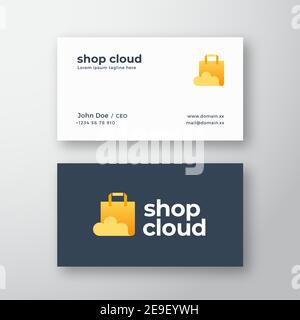 Shop Cloud Abstract Modern Vector Logo und Visitenkarte Vorlage. Papiertüte mit Cloud-Symbol und Typografie. Shopping und Lieferung Emblem Konzept Stock Vektor