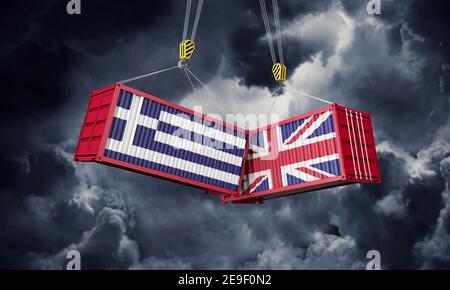 Handelsabkommen zwischen Großbritannien und Griechenland. Zusammenprallen von Frachtcontainern. 3D Rendern Stockfoto