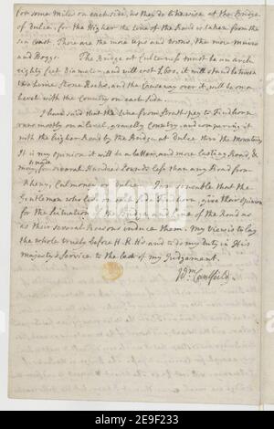 1750. Bericht von Major Caulfeild über die neuen Straßen, die in diesem Jahr in den Highlands gemacht wurden, und über die geplante Straße von der Burg Bremarr nach Cargaff Castle von dort nach Fort George an der Spitze von Ardaseer. Autor Caulfeild, William 48,66.B. Erscheinungsort: [Scotland] Verlag: [William Caulfeild] Erscheinungsdatum: 1750. Objekttyp: 8 Seiten Medium: Inklusive Leerseiten, Handschriftentext in Tinte Maße: 38 cm ehemaliger Besitzer: Georg III., König von Großbritannien, 1738-1820 Stockfoto