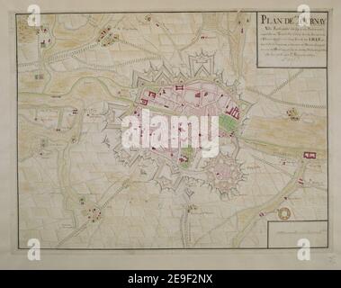 PLAN DE TOURNAY Karteninformation: Titel: PLAN DE TOURNAY ; 104,87. Veröffentlichungsdatum: c 1690-1720. Art des Artikels: 1 Karte Medium: Feder und Tinte mit farbiger Wäsche Maße: 37,8 X 50,2 cm ehemaliger Besitzer: George III, König von Großbritannien, 1738-1820 Stockfoto