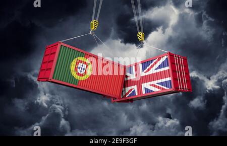 Handelsabkommen zwischen dem Vereinigten Königreich und Portugal. Zusammenprallen von Frachtcontainern. 3D Rendern Stockfoto