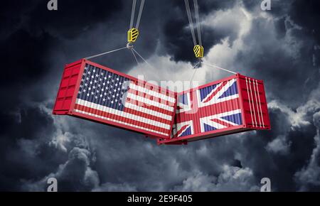 Handelsabkommen zwischen Großbritannien und den USA. Zusammenprallen von Frachtcontainern. 3D Rendern Stockfoto