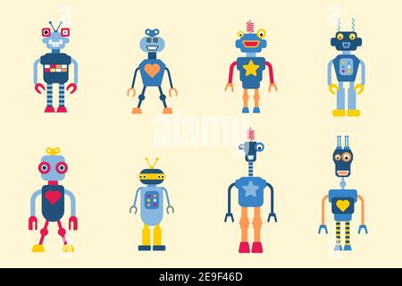 Spielzeug Roboter isoliert Vektor Sammlung. 1980s Retro-Stil niedlichen Roboter Charakter Illustration Set. Stock Vektor