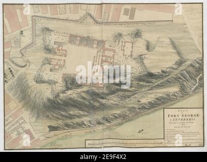 PLAN von FORT GEORGE in INVERNESS zeigt seinen gegenwärtigen Zustand 1750 Autor Heath, Joseph 50,7.2. Ort der Veröffentlichung: [Schottland?] Verlag: I. Heath Del.T., Erscheinungsdatum: [1750.] Objekttyp: 1 Karte Medium: Handschriftenstift und Tinte mit Aquarell Maße: 52 x 73 cm ehemaliger Besitzer: George III, König von Großbritannien, 1738-1820 Stockfoto