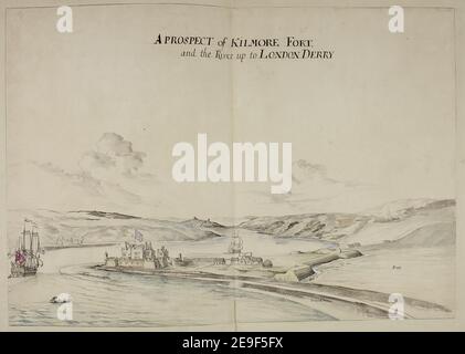 Eine AUSSICHT AUF KILMORE FORT und den Fluss bis London DERRY. Visual Material information: Titel: Eine AUSSICHT AUF KILMORE FORT und den Fluss bis NACH LONDON DERRY. 52,45. Erscheinungsdatum: [Ca. 1700] Objekttyp: 1 Zeichnung Medium: Feder und schwarze Tinte mit Aquarell über Bleistift Maße: Blatt 47 x 67,8 cm, auf Blatt 54,9 x 76,7 cm ehemaliger Besitzer: George III., König von Großbritannien, 1738-1820 Stockfoto