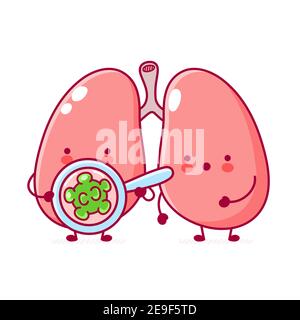 Niedliche menschliche Lunge Organ Charakter Blick auf Bakterien in Lupe. Vektor flache Linie Cartoon kawaii Figur Illustration Symbol. Isoliert auf weißem Hintergrund. Lunge Organ, Corona Virus Charakter Konzept Stock Vektor