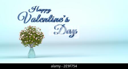 Dreidimensionale blaue Inschrift Happy Valentine's Day auf einem hellblauen Hintergrund - neben der Inschrift befindet sich eine Vase Mit einem Strauß Rosen Stockfoto