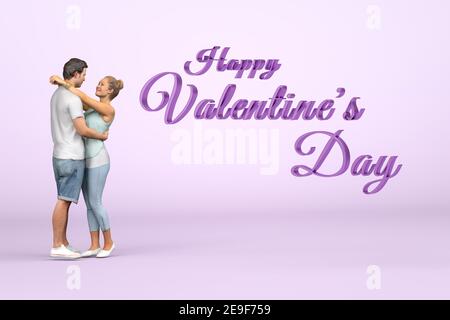 Dreidimensionale violette Inschrift Happy Valentine's Day auf einem hellen lila Hintergrund - neben der Inschrift gibt es ein Paar In Liebe und Umarmung EA Stockfoto