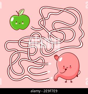 Nette lustige Labyrinth Labyrinth-Spiel. Hilfe Magen finden Apfel. Labyrinth-Spiel für Kinder. Vektor flache Linie Cartoon kawaii Figur Illustration Symbol. Labyrinth Labyrinth Labyrinth Spiel Konzept Stock Vektor