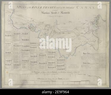 Ein farbiger Plan der Themse und des beabsichtigten Kanals von Monkey Island nach Isleworth, vermessen von James Brindley, 1770, zeigt die beiden projizierten Linien, die obere von Colnbrook und Bedfont, vorgeschlagen von M Karteninformationen: Titel: Ein farbiger Plan der Themse und des beabsichtigten Kanals von Monkey Island nach Isleworth, vermessen von James Brindley, 1770; zeigt die beiden projizierten Linien, die obere von Colnbrook und Bedfont, vorgeschlagen von Mr. Brindley, die untere von Datchet und Staines; Mit Profilen beider Linien und einer Liste der Grundbesitzer auf beiden; gezeichnet auf Pergament von T. J Stockfoto