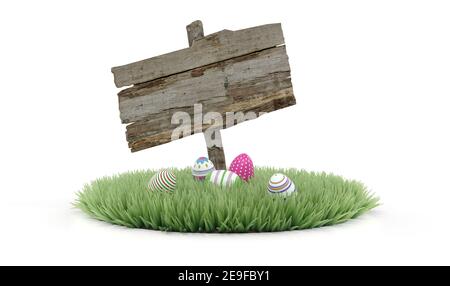 ostereier auf Gras gelegt mit einem Holzschild - 3D Rendern Stockfoto