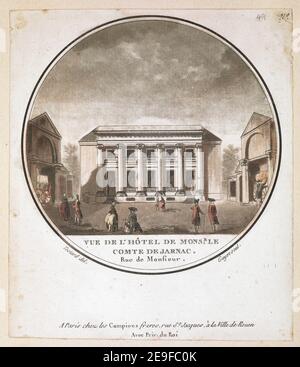 VUE DE L'HOÃÇTEL DE MONSR LE COMTE DE JARNAC RUE DE MONSIEUR. Autor Guyot, Laurent 65,4.2,49. Erscheinungsort: A Paris Verlag: chez les Campions freres, rue St Jacques, aÃÄ la Ville de Rouen, Avec Priv.-du ROI., Erscheinungsdatum: [Zwischen 1785-1792] Objekttyp: 1 Druckmedium: Radierung mit Handkolorierung Maße: Blatt 14,3 x 12,4 cm. Ehemaliger Besitzer: George III., König von Großbritannien, 1738-1820 Stockfoto