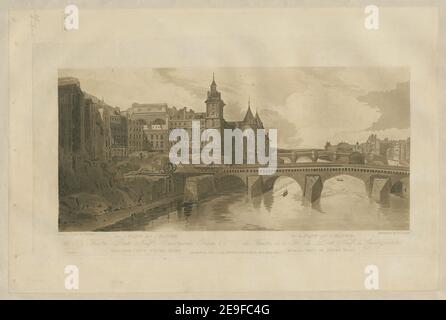 Blick auf PONT AU ÄNDERN, das Stadttheater, Pont Neuf, Conciergerie Gefängnis &c von PONT NOTRE DAME = Vue du PONT AU ÄNDERN, du Theater de la CiteÃÅ, du Pont Neuf, du Conciergerie &c Pry du PONT DE NOTRE DAME. Autor Girtin, Thomas 65,4.3.i. Erscheinungsort: LONDON Verlag: Pub.d Jan.y 1. 1803, von JN.¬∞ GIRTIN N¬∞ 8, Charles Street, Middlesex Hospital, Erscheinungsdatum: [Januar 1 1803] Objekttyp: 1 Druck Medium: Aquatinta und Radierung, gedruckt in Sepia Maße: Platemark 30 x 56,5 cm, auf Blatt 40 x 60 cm. Ehemaliger Besitzer: George III, König von Stockfoto