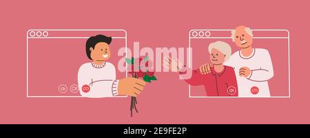 Der Sohn gratuliert seiner Mutter mit Blumen. Konzept für Geburtstag, Frauentag oder Muttertag. Videoanruf an ältere Eltern. Blumenlieferung. Vektor Stock Vektor