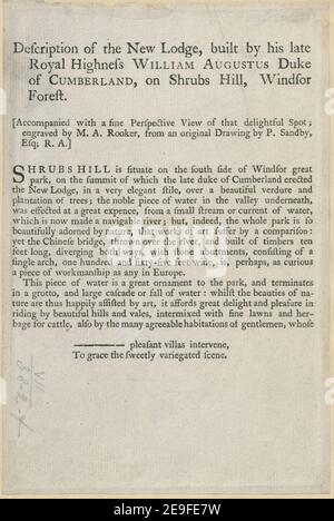 DIE NEUE LODGE, gebaut vom verstorbenen Herzog von Cumberland, auf BÜSCHEN HÜGEL. / WINDSOR FOREST. Autor Sandby, Paul 7,38.2.f. Ort der Veröffentlichung: [London] Verlag: Veröffentlicht nach dem Gesetz des Parlaments von G. Kearsly bei Nr. 46, in Fleet Street, Juni 1. Erscheinungsdatum: 1777 Art.-Nr.: 1 Druckmedium: Gravur und Radierung Ex-Besitzer: George III, King of Great Britain, 1738-1820 Stockfoto