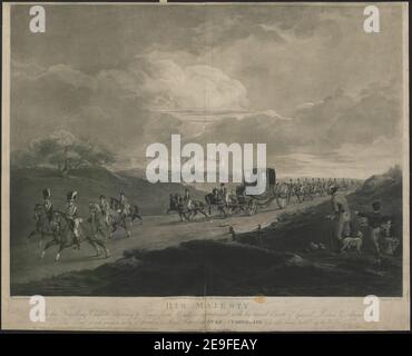 SEINE MAJESTÄT / in seinem Travelling Chariot Rückkehr nach Stadt aus Windsor, begleitet mit seiner üblichen Escort of Guards, Reiter & Begleiter. Autor Turner, Charles 7,40.ii.. Ort der Veröffentlichung: London, Veröffentlicht am 20. Februar 1806, von Mr. Davis, 41, Great Portland Street (für den Inhaber) und C. Turner, 50, Warren Street, Fitzroy Square. [1806] / aus einem Originalgemälde im Besitz Ihrer Majestät Art: 1 Druck Medium: Mezzotinta und Radierung Maße: Blatt 59,5 cm x 74,5 cm (innerhalb des Plattenarks am unteren Rand zugeschnitten) ehemaliger Besitzer: George III, Stockfoto
