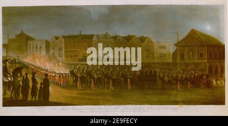 Die Trauerprozession der geliebten und bedauerte Prinzessin Charlotte von Wales & von Sachsen Coburg. Autor Sutherland, Thomas 7,41.a. Erscheinungsort: [London] Verlag: Published Jany 1818 by J.JENKINS, 48 Strand, London., Erscheinungsdatum: [Januar 1818] Objekttyp: 1 Print Medium: Aquatinta und Radierung mit Handkolorierung Maße: Blatt 57,5 x 86,2 cm Ex-Besitzer: George III, King of Great Britain, 1738-1820 Stockfoto