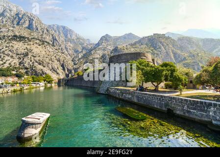 Der Fluss Skurda, die mittelalterlichen Stadtmauern und der Graben, die Alt- und Neustadt trennen, mit den Bergen hinter der adriatischen antiken Stadt Kotor Montenegro Stockfoto