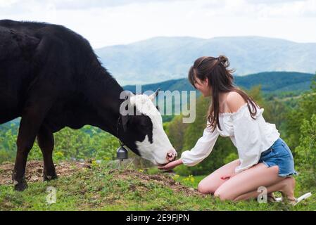 Frau, die Kuh füttert. Bauernmädchen mit holsteinkuh auf Wiese. FarmerVegan, vegetarisches Konzept. Genießen Sie Gemüse. Gesunde Lebensweise, Bio-Feld milka. Stockfoto