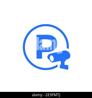 Parkplatz mit Videoüberwachungssymbol, Vektorschild Stock Vektor