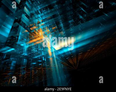 Abstract Technology 3D Illustration - futuristisches Design von leuchtenden Blöcken Stockfoto