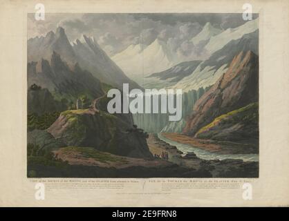 ANSICHT der QUELLE der RHONE und des GLETSCHERS, von wo aus sie ausgibt = VUE de la SOURCE du RHONE et du GLACIER d'ou il Sort. Autor MeÃÅrigot, J. 86,33.2. Erscheinungsort: [London] Verlag: Erschienen am 16. Mai 1801. Von Herrn G. , W. Nicol Pall Mall, J. White, Fleet Street and Colnaghi , Co. Cockspur Street, Erscheinungsdatum: [Mai 16 1801] Artikeltyp: 1 Print Medium: Handkoloriertes Aquatinta und Radierung Maße: Plattenmark 54,5 x 70,1 cm, auf Blatt 59,8 x 85,5 cm ehemaliger Besitzer: Georg III., König von Großbritannien, 1738-1820 Stockfoto