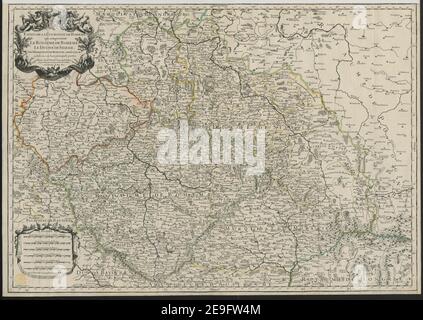 ESTATS DE LA COURONNE DE BOHEME qui comprennent LE ROYAUME DE BOHEME, LE DUCHEÃÅ DE SILESIE, LES MARQUISATS DE MORAVIE et DE LUSACE subdivises en leur principales parties. Autor Jaillot, Alexis Hubert 89,6. Erscheinungsort: A PARIS Verlag: Chez le S.r JAILLOT Geographe du Roy jognant les grands Augustins, aux 2 Globes, Avec Privilege du Roy, Erscheinungsdatum: 1695. Objekttyp: 1 Karte Medium: Kupferstich, Handfarbe im Umriss Maße: 44 x 63 cm ehemaliger Besitzer: George III, König von Großbritannien, 1738-1820 Stockfoto