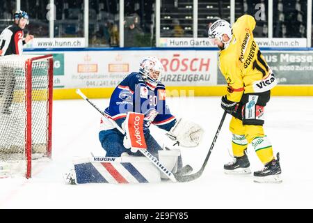 04,02.2021, Zürich, Hallenstadion, Nationalliga: ZSC Lions - SC Bern, # 30 Torwart Lukas Flueeler (ZSC) gegen # 10 Tristan Scherwey (Bern) Stockfoto