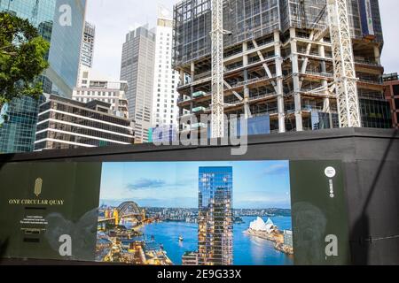 Entwicklungsstandort in Sydney am Circular Quay in Sydney Zentrum mit Bild der fertigen Entwicklung, Sydney Stadtzentrum, NSW, Australien Stockfoto