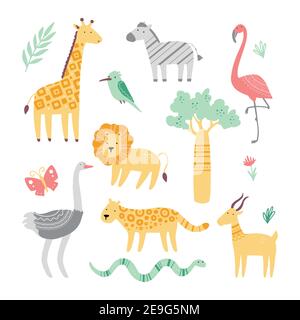 Set von niedlichen afrikanischen Zoo Tiere Giraffe, Zebra, Löwe, Vogel, Schlange, Eidechse, Gepard, Krokodil. Flache und einfache Design-Stil für Baby, Kinder Illustration. Stock Vektor