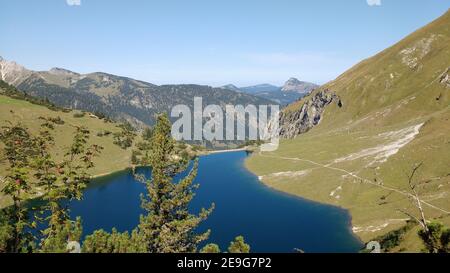 Blick von der Lachenspitze auf den Traualpsee und Vilsalpsee Stockfoto