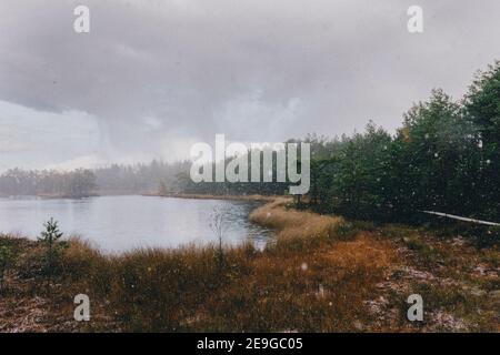 Schöne Naturlandschaft mit fallenden Schneeflocken fallen auf einem Wald Boden und eine kleine Teichfläche Stockfoto